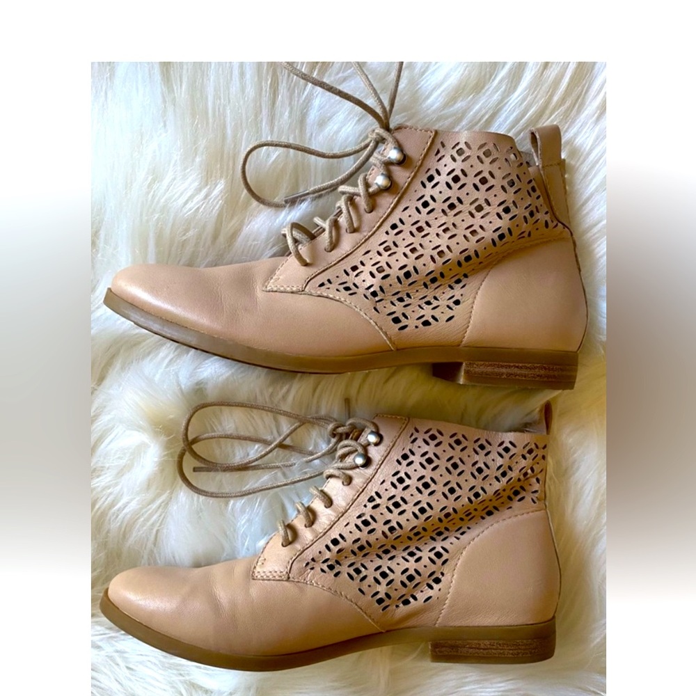 Lucky Brand Beige Laser-Cut Leather Ankle Boots